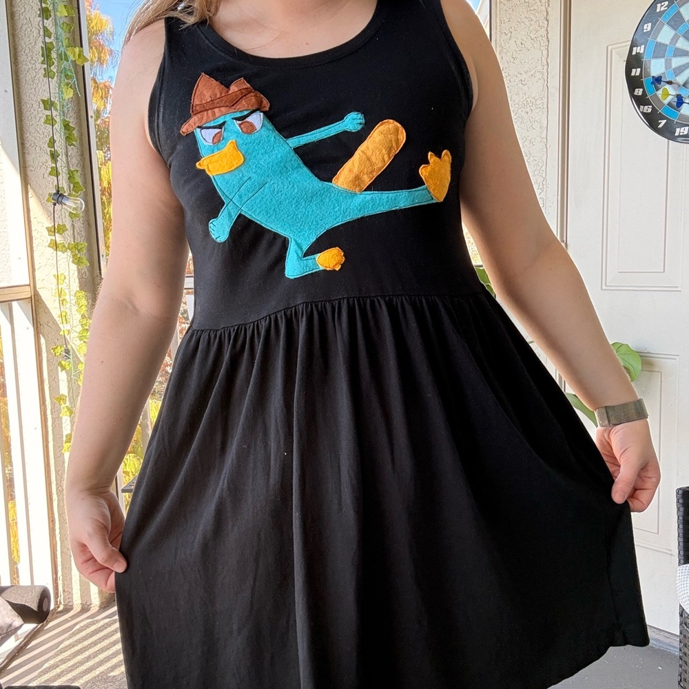 Upcycled Black Platypus Dress w/ Pockets – Adult XS (Fits Up to M)